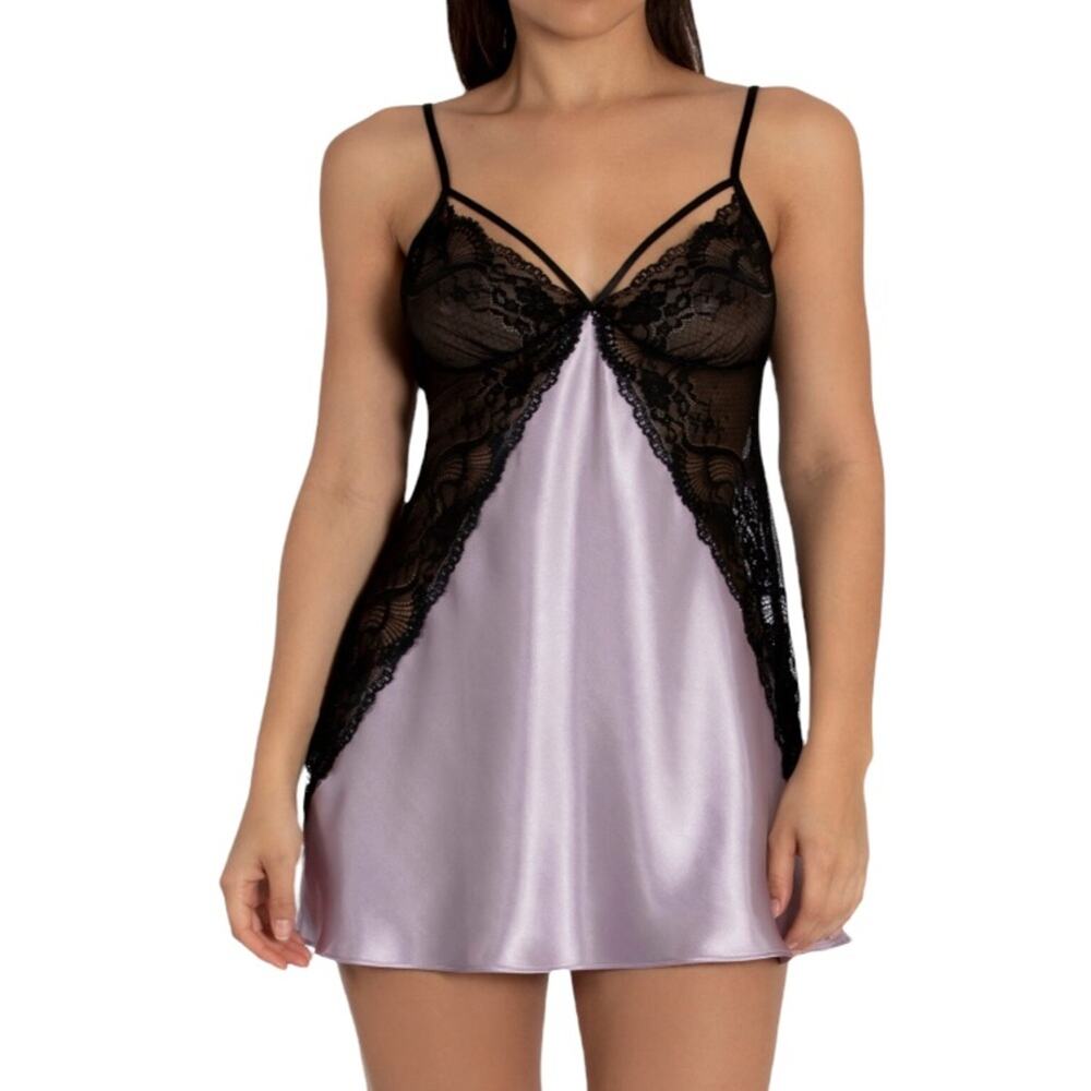 In Bloom By Jonquil Lavender And Black Lace Chemise-L